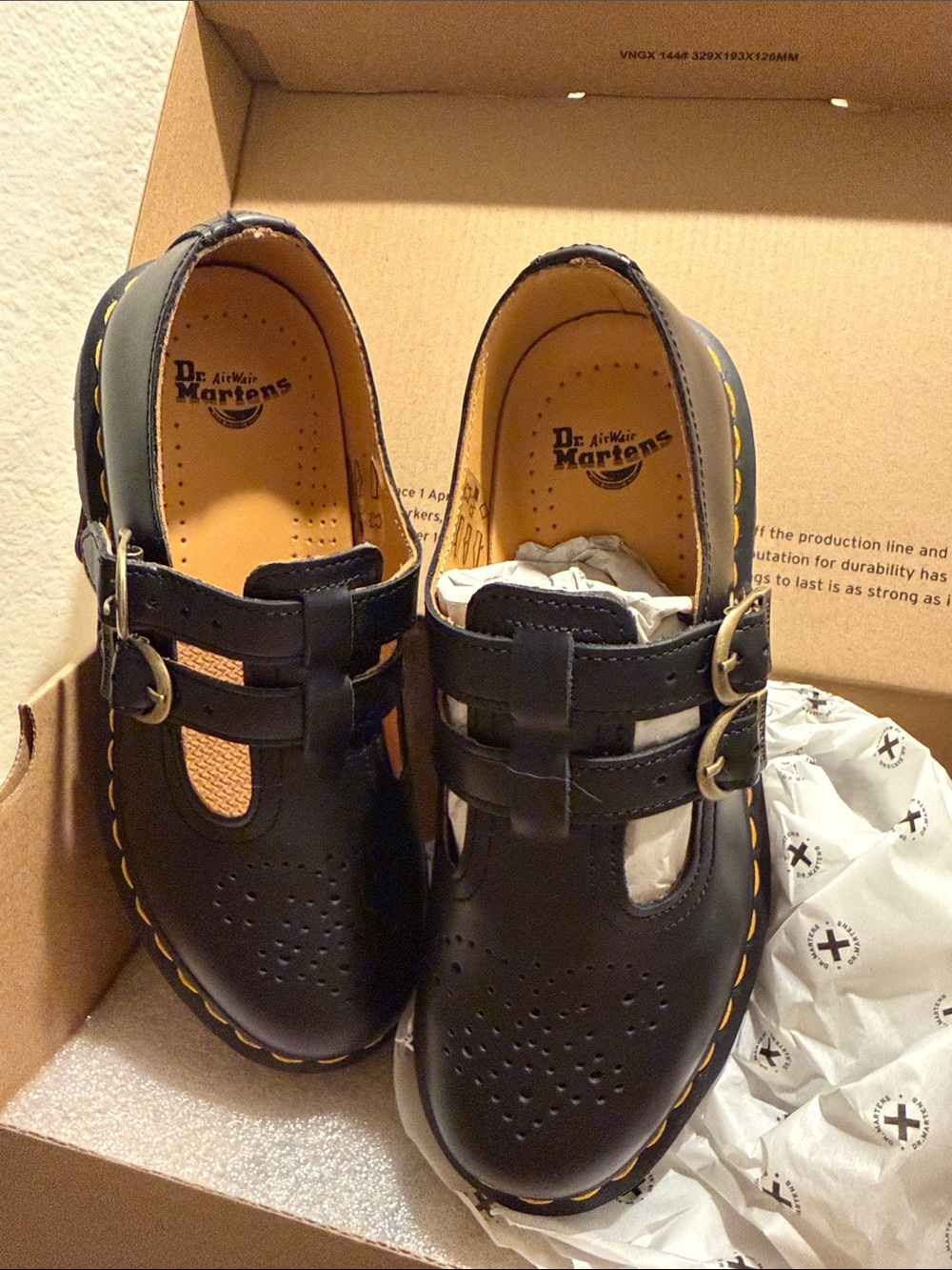 Dr. Martens Black Double-Buckle Mary Jane Shoes with Yellow Stitching - Picture 1 of 6